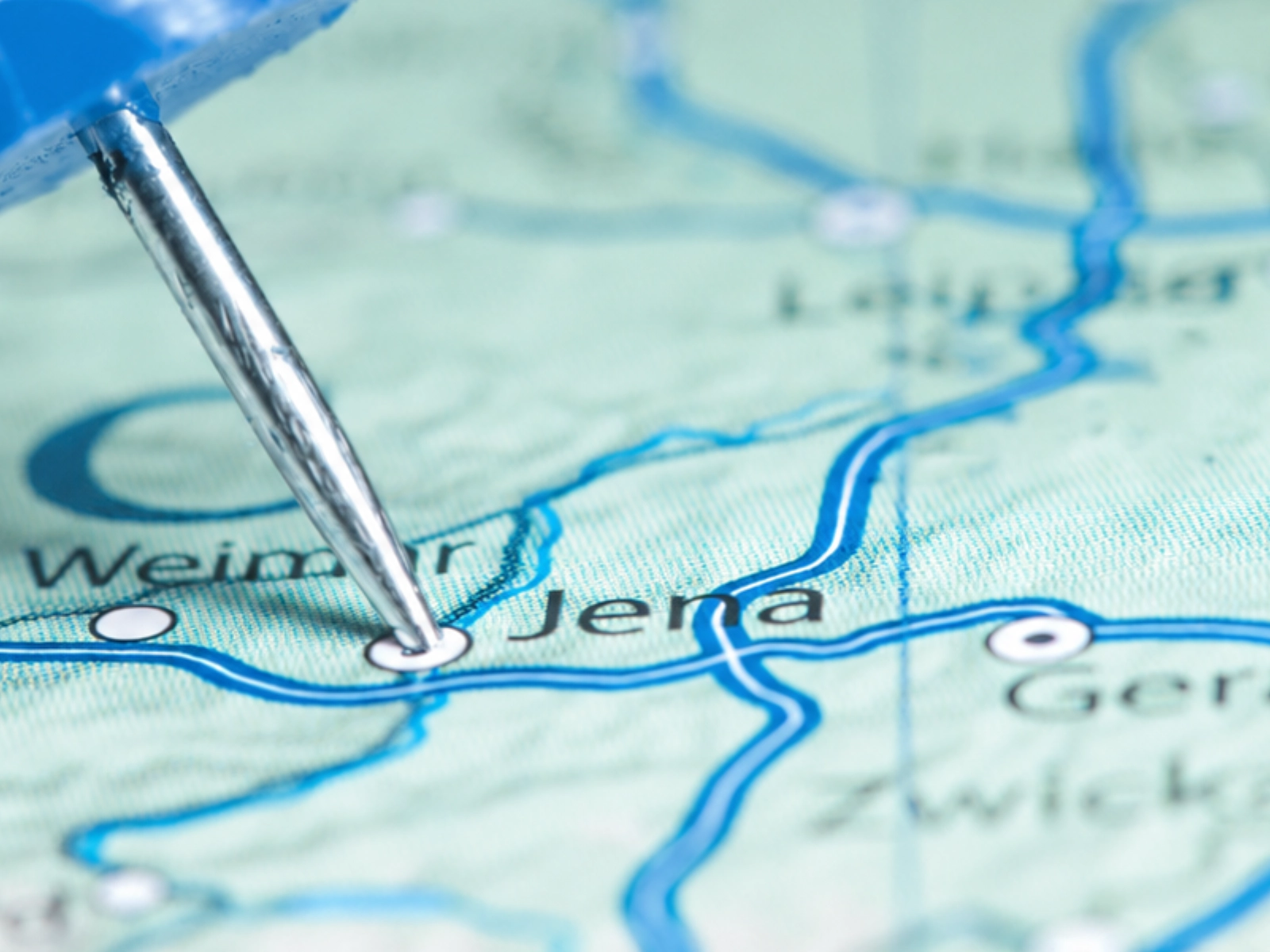 Pin in einer Landkarte von Thüringen an der Stelle von Jena